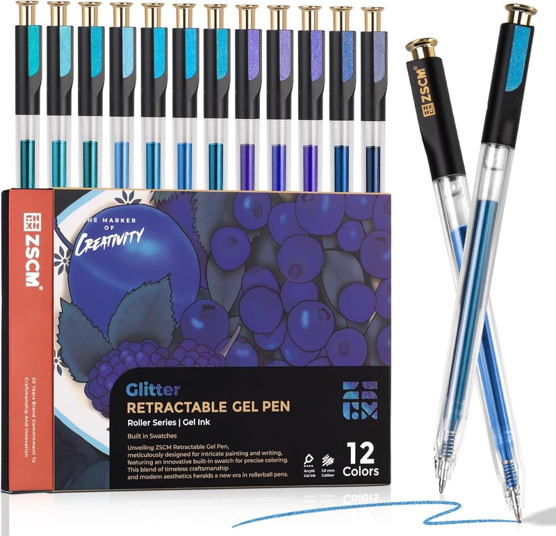 ZSCM Retractable Glitter Gel Pens, 12 Colors Large Capacity Blue Glitter Metallic Gel Ink Pen, 1 mm Fine Point Smooth Writing Color Pens for Adult Coloring Book Note Taking Aesthetic Art Supplies - Image 1